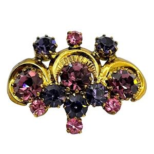 Vintage Austria pink & purple crystal rhinestone brooch 1.5” x 1.25”